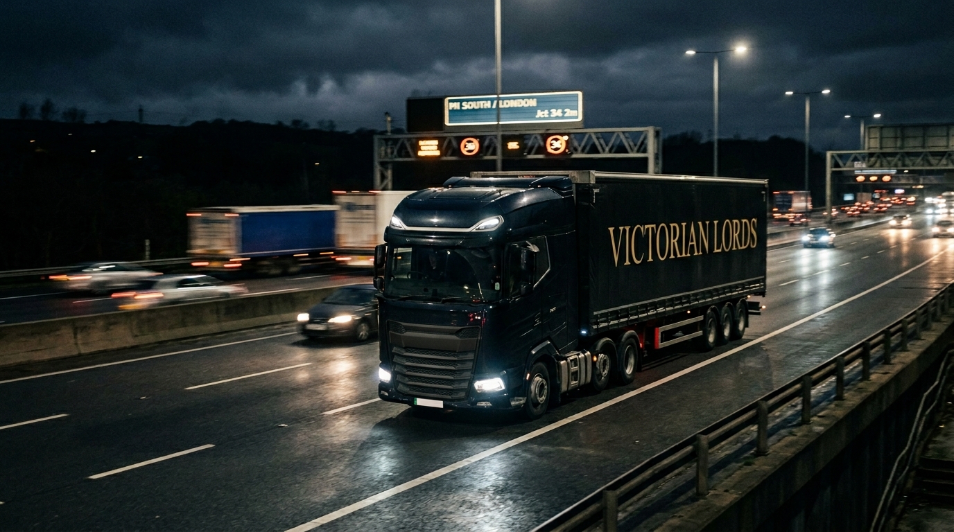 Victorian Lords haulage truck on UK motorway